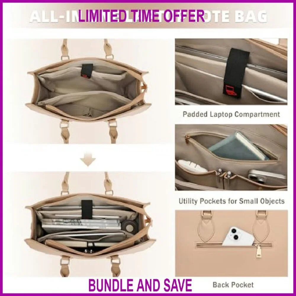 Large Waterproof Leather Laptop Tote Bag with Clutch Purse 15.6 Inch